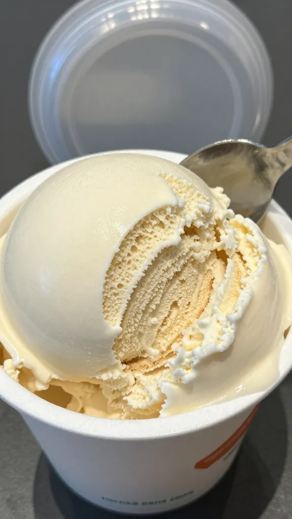 Closeup of a pint of gelato to-go with glossy lid and spoon resting on edge