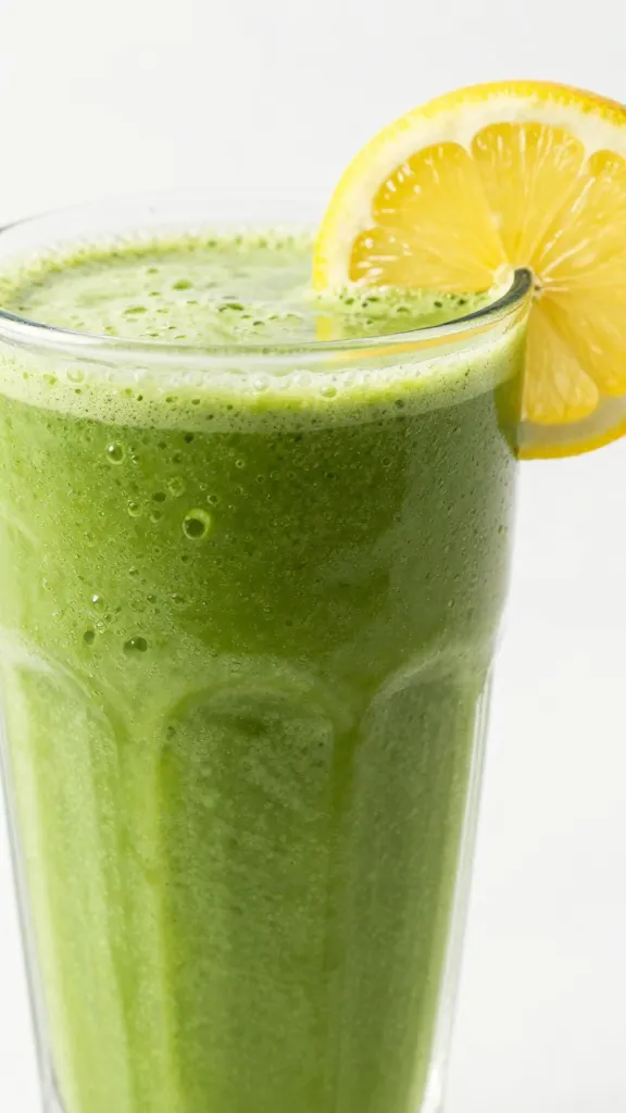 closeup of a glossy tropical-green smoothie in a tall glass with a lemon wheel garnish
