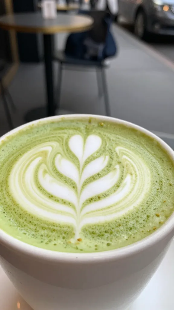 Closeup pistachio cappuccino cup with froth art in a NYC café