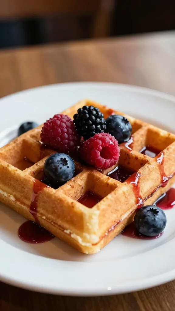 closeup Belgian waffle with berries and syrup on white plate at cozy NYC cafe