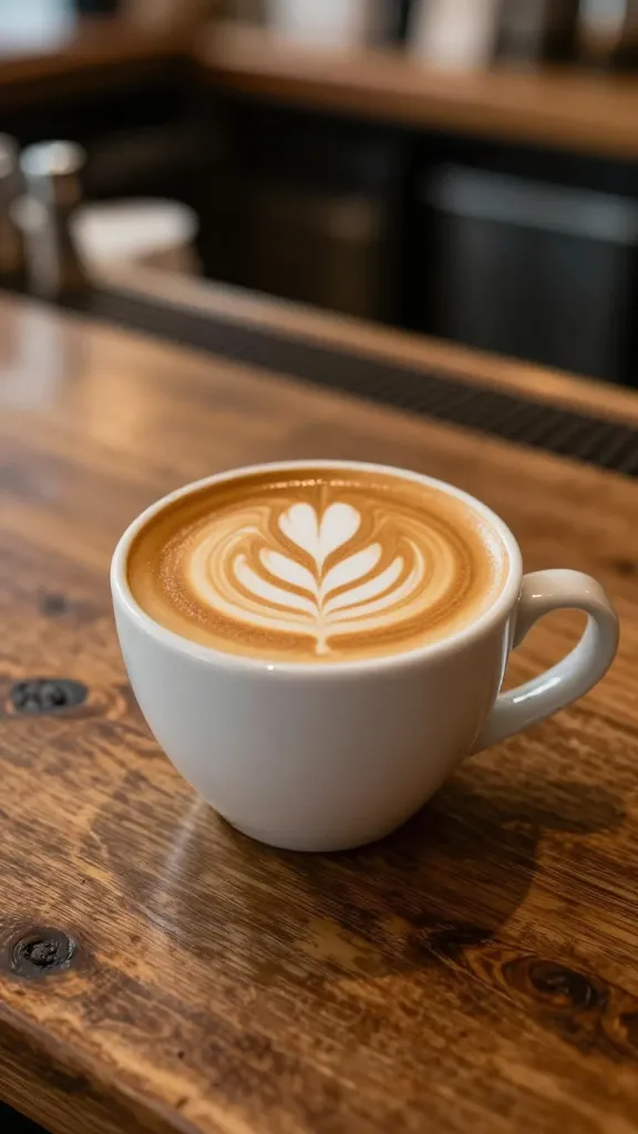 Closeup of a single espresso cup with latte art on a rustic wooden bar, NYC coffee shop ambiance in warm light