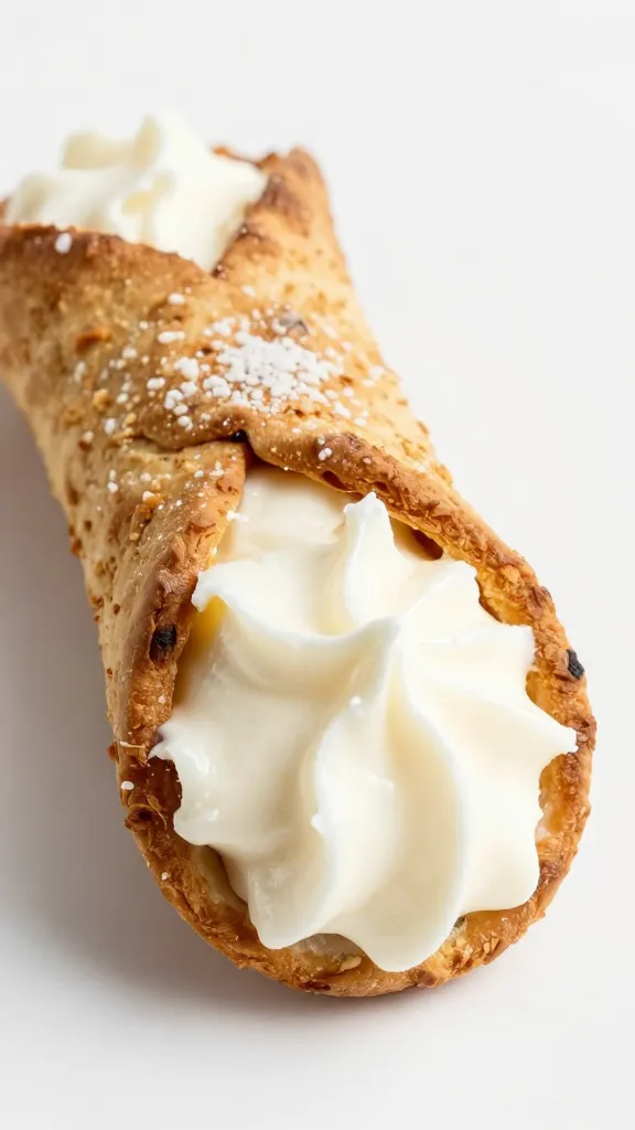 closeup of a single cannolo with ricotta filling bursting at the seam