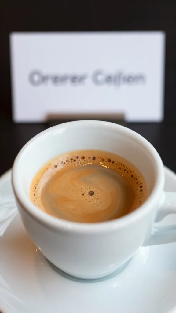 closeup of a single espresso cup with crema on white saucer, name card blurred in background
