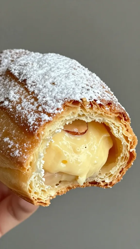 closeup of a single Cassatina pastry, honeyed shell dusted with powdered sugar, bitten to reveal almond-ricotta filling