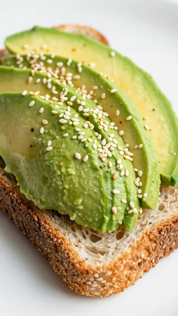 Closeup of sesame-topped avocado toast slice on rustic bread crust