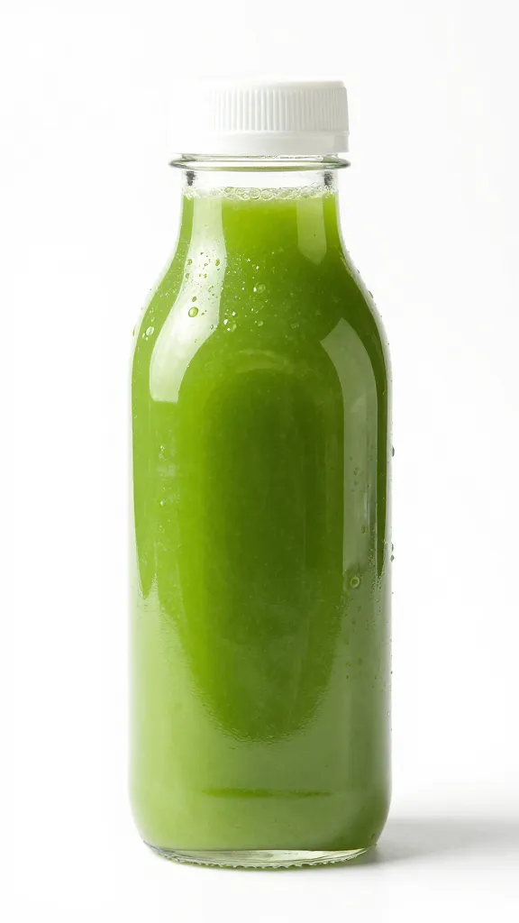 Closeup of a single vibrant green cold-pressed juice bottle on a clean white background