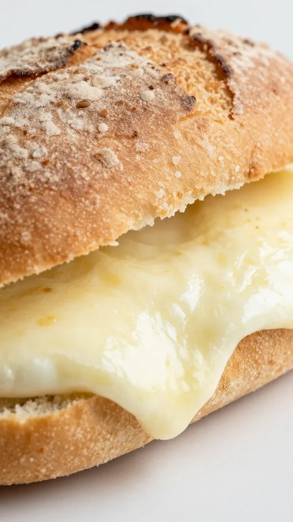 closeup of crusty Italian panini bun with melted mozzarella drip