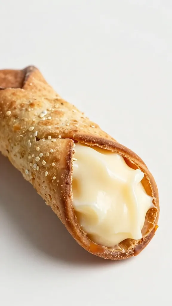 closeup of a single Sicilian cannolo shell shattered crackle on light backdrop with creamy filling visible