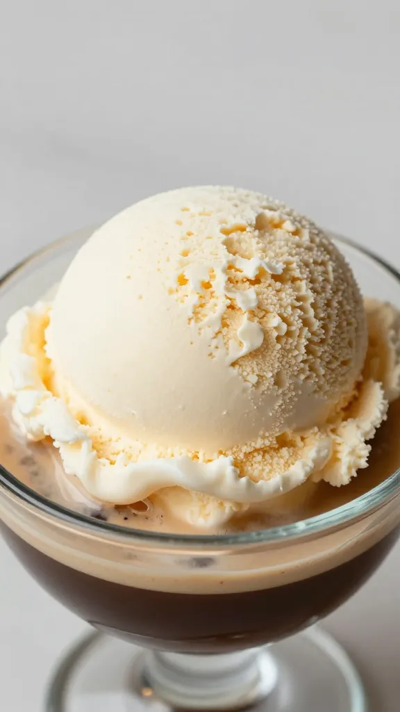 Closeup of a single vanilla ice cream scoop meeting a hot espresso shot in a glass bowl