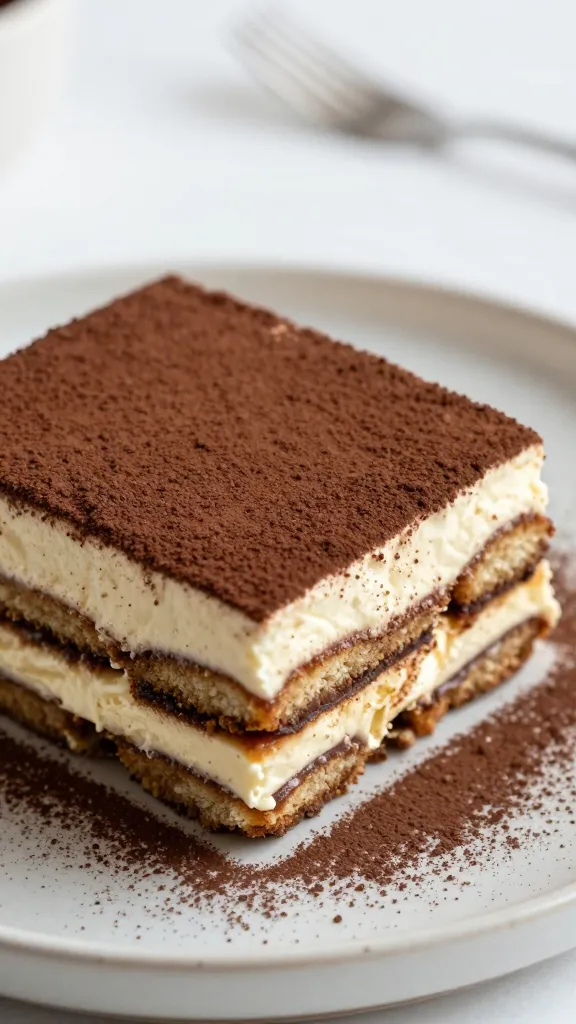 Close-up of a single tiramisu slice with cocoa dusting on a ceramic plate, espresso-soaked layers visible, shallow depth of field