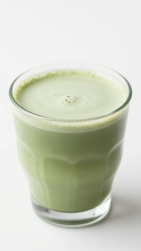 Close-up of a single matcha latte in a clear glass cup, silky milk texture visible, Italian-inspired crema edge, minimalistic white background