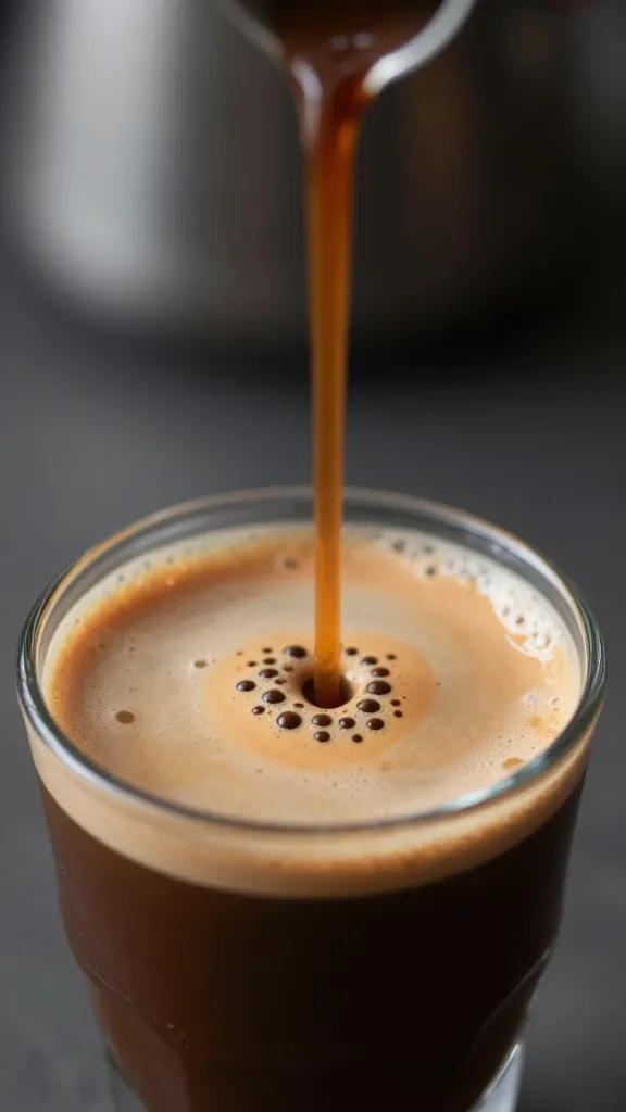 Closeup: Vietnamese and Italian coffee fusion in a single glass shot, crema-draped espresso bead-by-bead with a Vietnamese drip plume in the background.