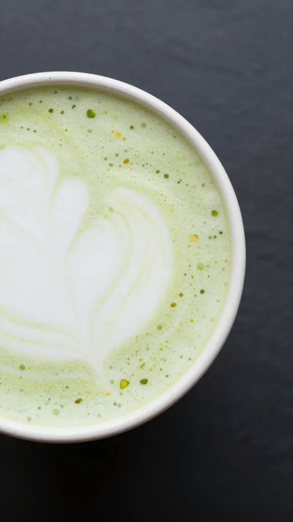 Closeup pistachio cappuccino with pale green foam in cup on dark slate backdrop
