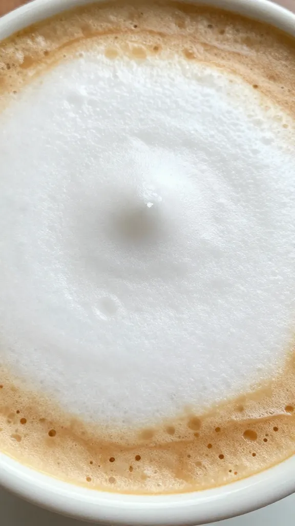 Closeup of cappuccino cup with thick frothy crown, macro focus on foam texture and microfoam patterns