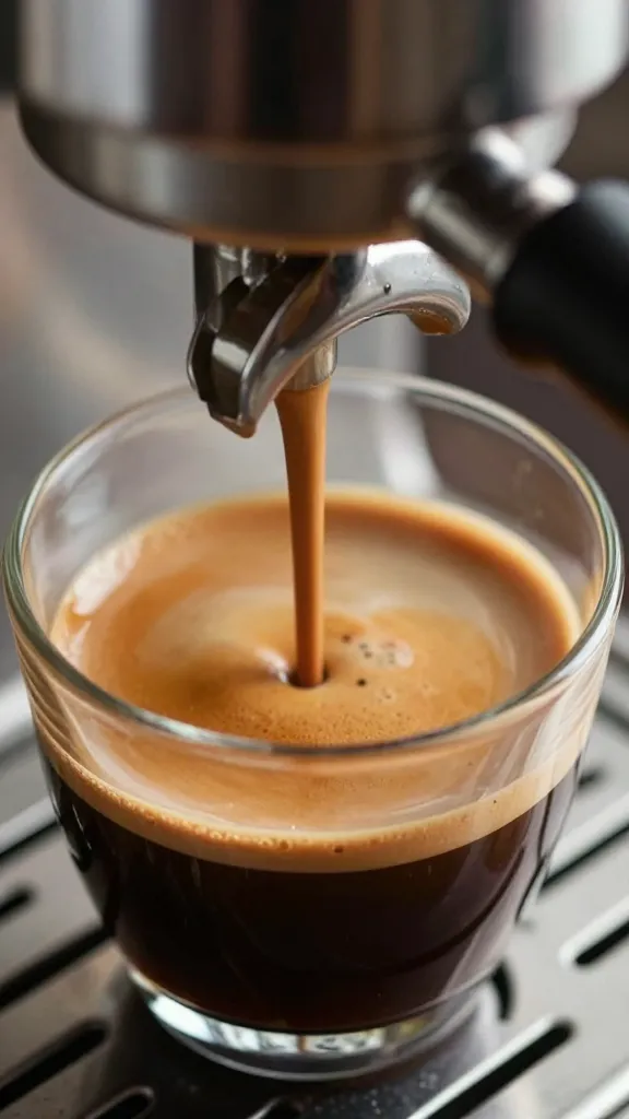 closeup of a single espresso shot crema in glass demitasse, 9-bar espresso pour, dark brown crema, precise 90-92°C steam visible in background, shallow depth of field